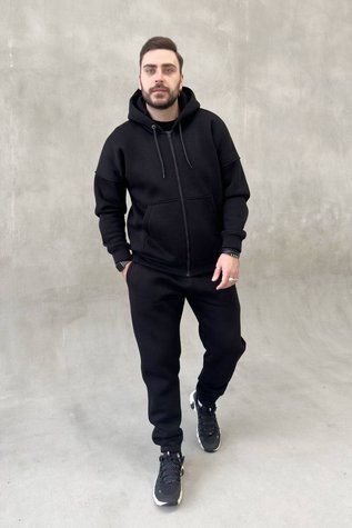 Спортивний чоловічий костюм на флісі з блискавкою та капюшоном Чорний N3479-c05 фото